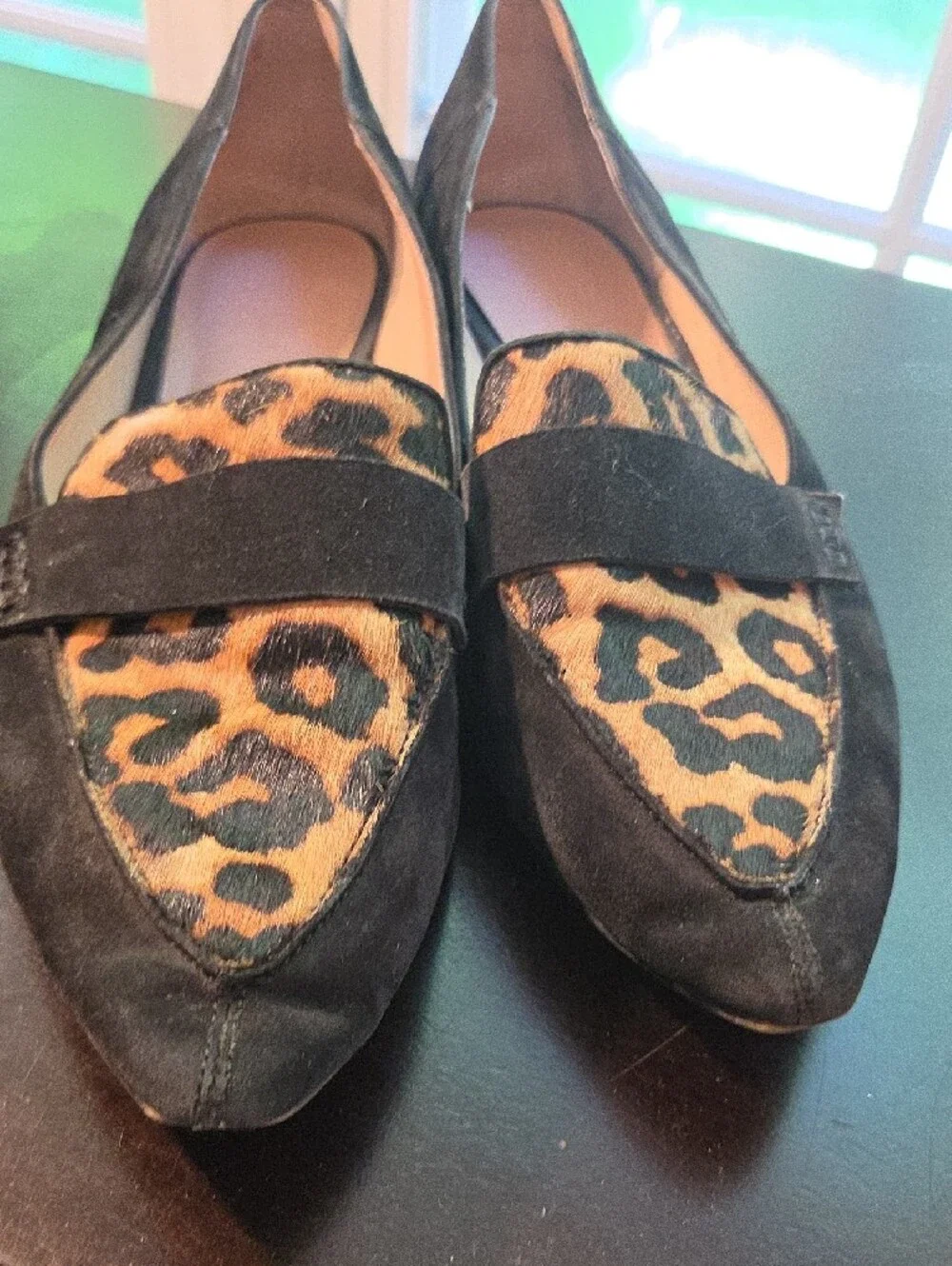 Black Suede Pointed-Toe Loafers with Leopard Print Accent Size 9 - Upper Leather